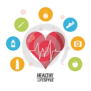 White poster with heartbeat rhythm with colorful circular frame with silhouette set of healthy lifestyle icons