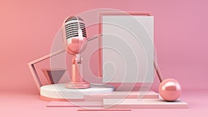 White poster and microphone 3d rendering