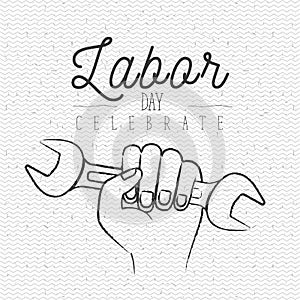 White poster with zigzag lines of labor day celebrate with silhouette hand holding spanner