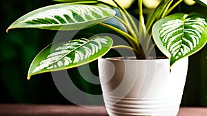 White potsherd with decorative green elongated leaves of a plant with white speckles on a table photo