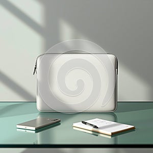 White Pouch Tech Modern Desk Essentials Setup