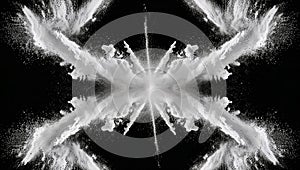 White powder exploding on black background creating a symmetrical shape