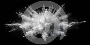 White powder explosion on black background, a dramatic burst of fine particles in motion. Generative AI