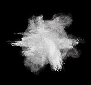 White powder explosion isolated on black background