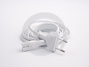 White power cable with plug and socket on white background