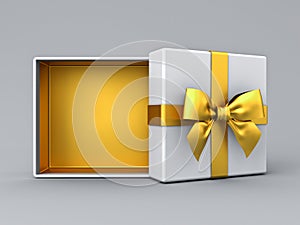 White present box open with blank golden bottom box or blank opened gift box tied with gold ribbon and bow