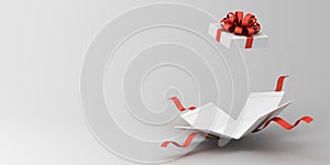 White present box open or gift box with red ribbons bow on white grey background with shadow and empty space minimal