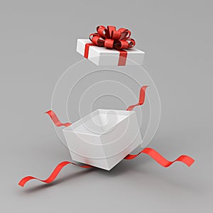 White present box open or white gift box with red ribbons and bow on dark gray background with shadow minimal concept