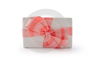 White present box with pink ribbon isolated on white