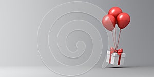 White present box with red ribbon bow or gift box with red balloons on gray background with shadow and blank space 3D