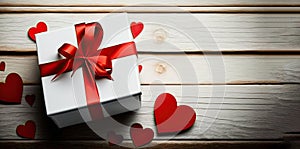 White present box with red ribbon and hearts on wooden background. Generative AI