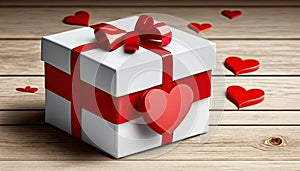 White present box with red ribbon and hearts on wooden background. Generative AI