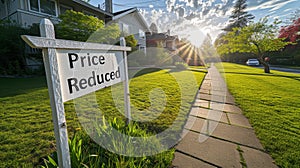 A white price reduced sign in front of a house, AI