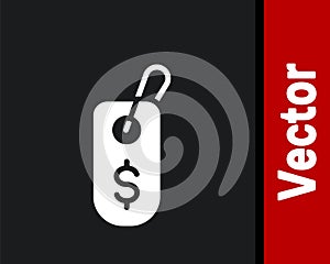 White Price tag with dollar icon isolated on black background. Badge for price. Sale with dollar symbol. Promo tag