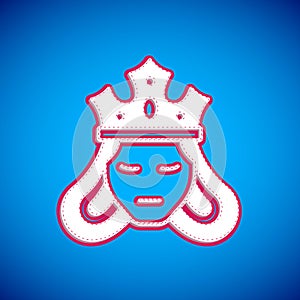 White Princess or queen wearing her crown icon isolated on blue background. Medieval lady. Vector