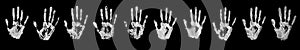 White print human hands set black background isolated close up, handprint watercolor illustration collection, palm and fingers s