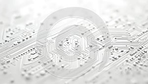 White printed circuit board texture. Computer technology background. Information tech grayscale pcb background. Modern tech