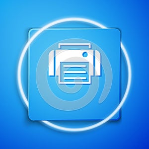 White Printer icon isolated on blue background. Blue square button. Vector