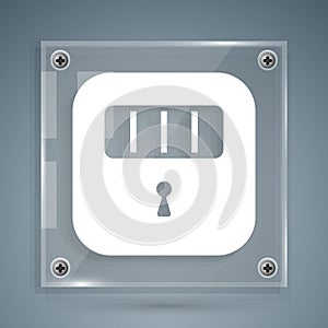 White Prison cell door with grill window icon isolated on grey background. Square glass panels. Vector