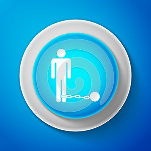 White Prisoner with ball on chain icon isolated on blue background. Circle blue button with white line. Vector