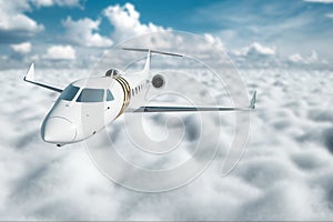 White private business jet flying in the sky, fluffy clouds. Business flights, private jet, luxury life, corporate travel, luxury