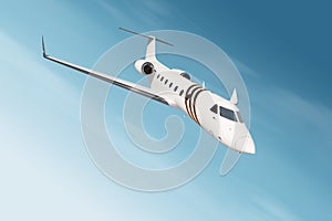 White private business jet flying in the sky, fluffy clouds. Business flights, private jet, luxury life, corporate travel, luxury