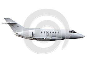 White private jet flies isolated on white background