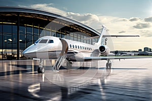White private jet on the runway of the airport. 3d rendering, Business jet in airport, AI Generated