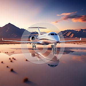 White Private Jet Soaring in Sunset Blue Sky over Uninhabited Desert Mountains