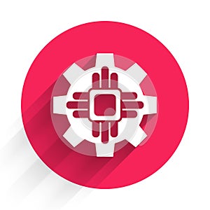 White Processor icon isolated with long shadow. CPU, central processing unit, microchip, microcircuit, computer