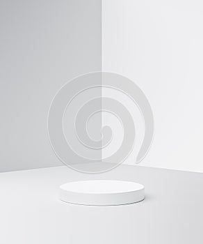 White product background stand or podium pedestal on advertising room display with blank backdrops. 3D rendering