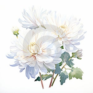 White Prosperity: Watercolor Chrysanthemum Painting On White Background