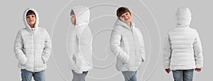 White puffer jacket mockup on a girl, set of warm clothes front, side, back view, for design, print, pattern, branding