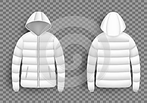 White puffer jacket mockup set, vector isolated illustration. Realistic modern hooded down jacket, front and back view.