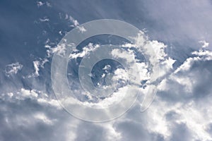 White puffy and wispy clouds forming in blue sky