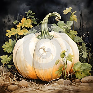 White pumpkins around leaves, black dark background. Pumpkin as a dish of thanksgiving for the harvest