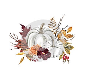 White pumpkins composition, hand painted illustration. Fall holiday decoration with pastel pumpkin, leaves, burgundy flowers photo