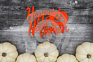 White pumpkins on weathered black grunge wood textured background