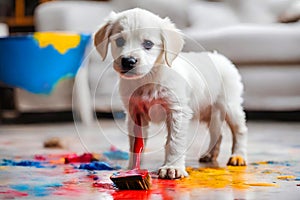 White puppy dog playing with paint on the living room floor.