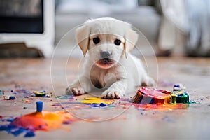 White puppy dog playing with paint on the living room floor.