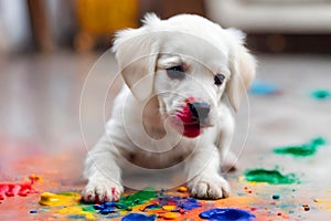 White puppy dog playing with paint on the living room floor.