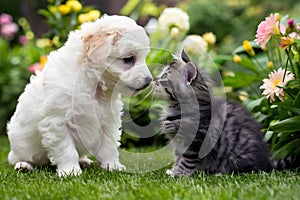 White puppy and gray kitten bond in garden filled with vibrant flowers