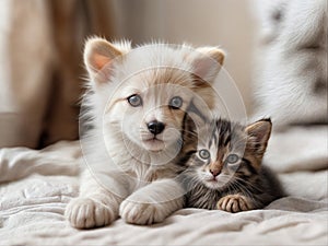 A white puppy and a grey kitten are sitting together.