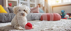 White puppy on plush rug in cozy room with pastel walls, gazing at heart toy in sunlight