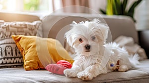 White puppy on plush rug in sunlit room with red heart toy cozy home interior scene