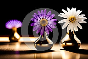 white purple daisy flowers in a golden vase over gold and black background