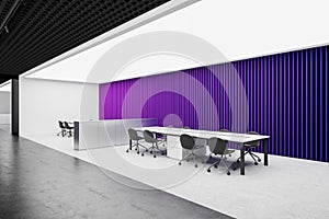 White and purple office interior with meeting board and chairs, sideboard