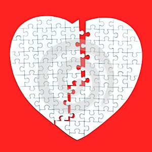 A white puzzle heart on a red background of parts, ununited, damaged, incomplete, but the parts are all there