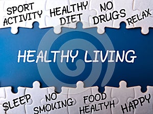 White puzzle with the word HEALTHY LIVING information on blue background