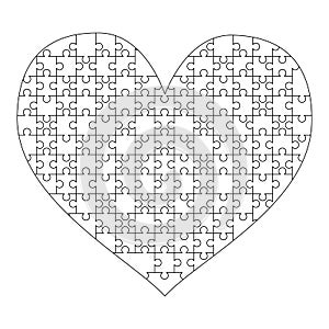 White puzzles pieces arranged in a heart shape. Medium Jigsaw Puzzle template ready for print. Cutting guidelines